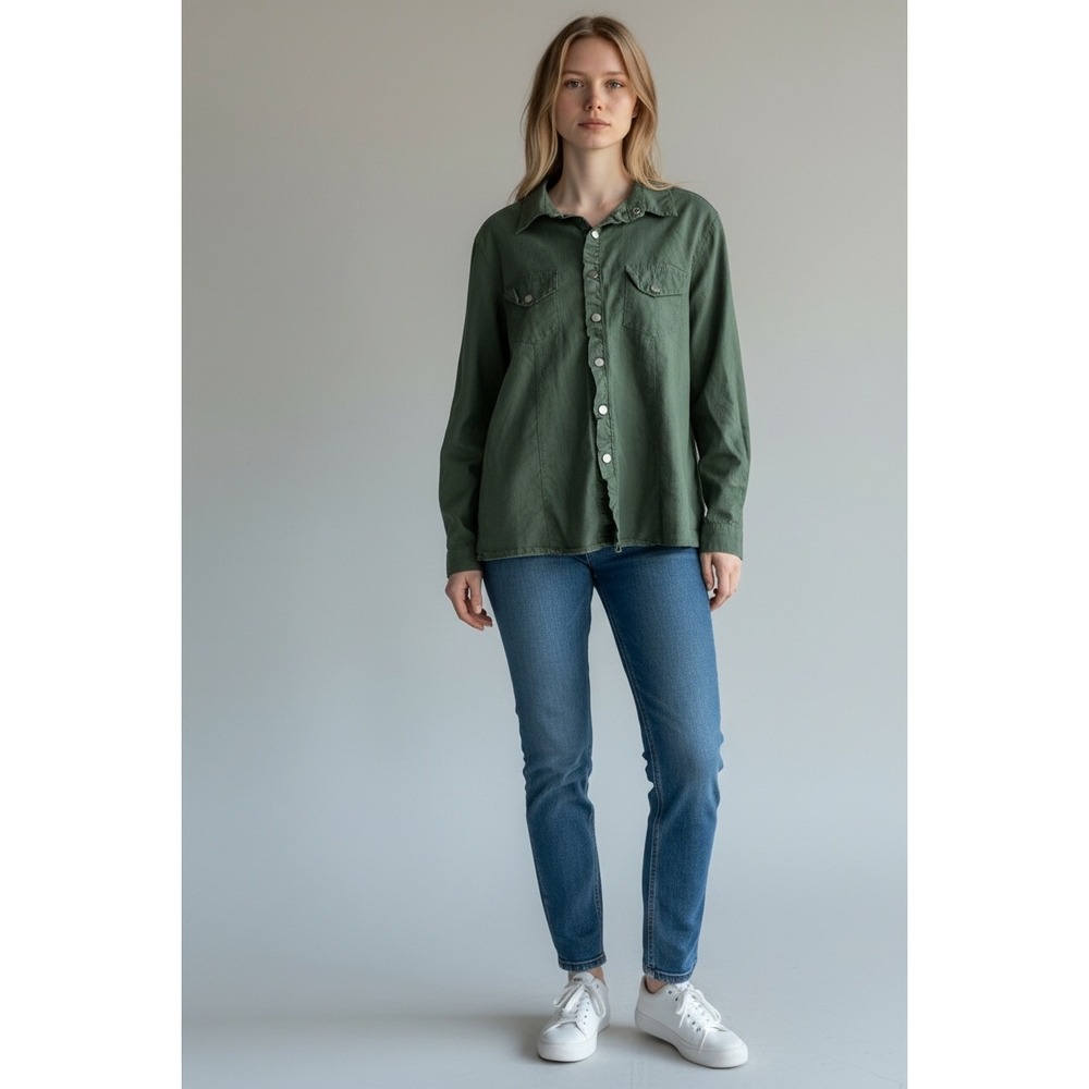 Olive Green Button Down Utility Shirt Long‎ Sleeve Chest Pockets XL
